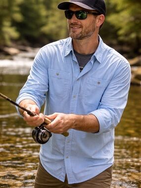 Orvis Light Blue and White Check Button-Up Shirt with Orange Trim